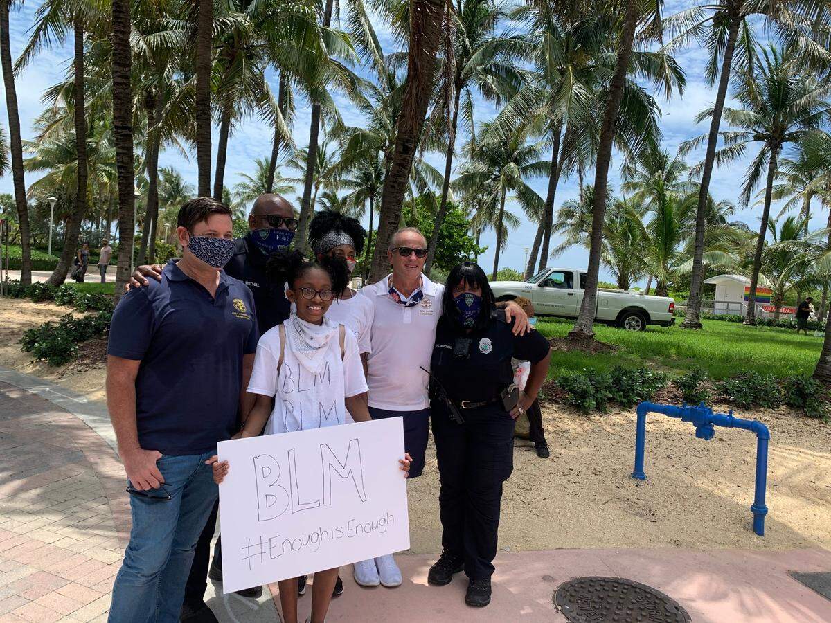 Egyptia Green, 13, organized a Black Lives Matter protest in South Beach on Tuesday, June 9, 2020. She was joined by Miami Beach Commissioners Ricky Arriola, second from right, and Michael Góngora, left.