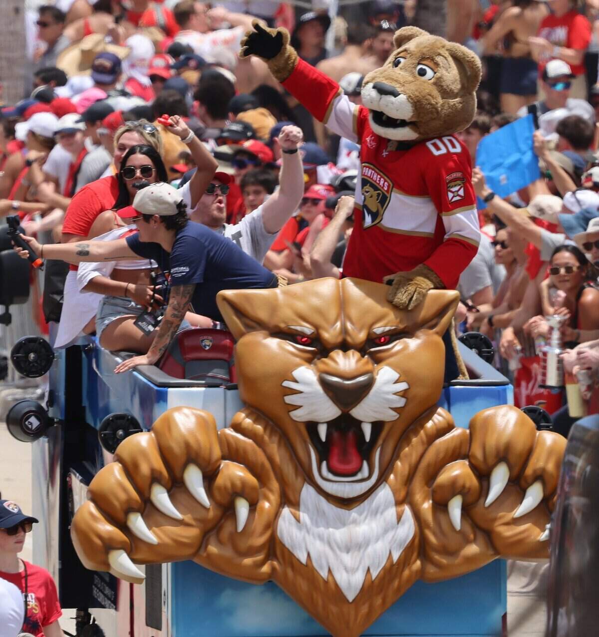 “Stanley” the Florida Panthers mascot waves to fans on the parade route on 1A just north of the staging area for the Florida Panthers Stanley Cup championship celebration parade on Sunday, June 22, 2025 in Fort Lauderdale, Florida.