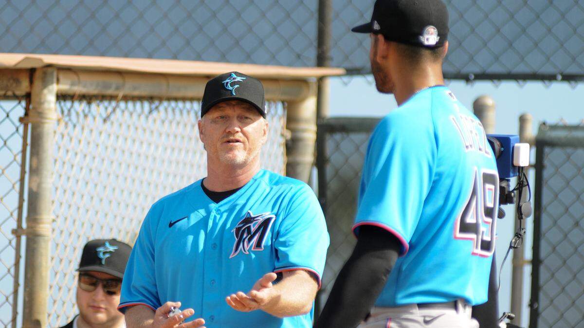 Miami Marlins pitching coach Mel Stottlemyre Jr gives feedback to pitcher Pablo Lopez during a bullpen session on Sunday, Feb. 16, 2020, at the Roger Dean Chevrolet Stadium Complex in Jupiter, Florida.