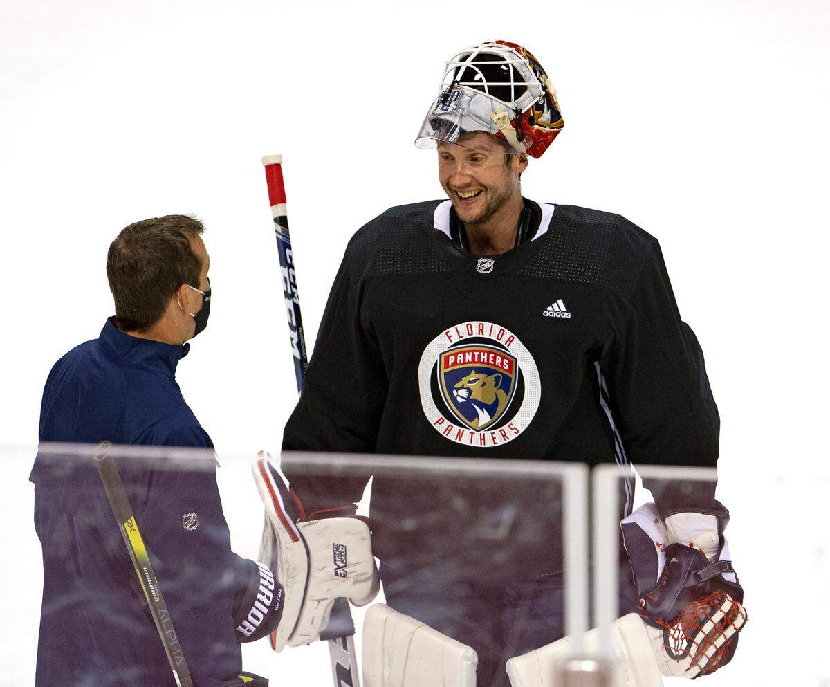 Florida Panthers goaltending coach Robb Tallas talks with Panthers goalie Sergei Bobrovsky (72) during training camp in preparation for the 2021 NHL season at the BB&T Center on Wednesday, January 13, 2021 in Sunrise.