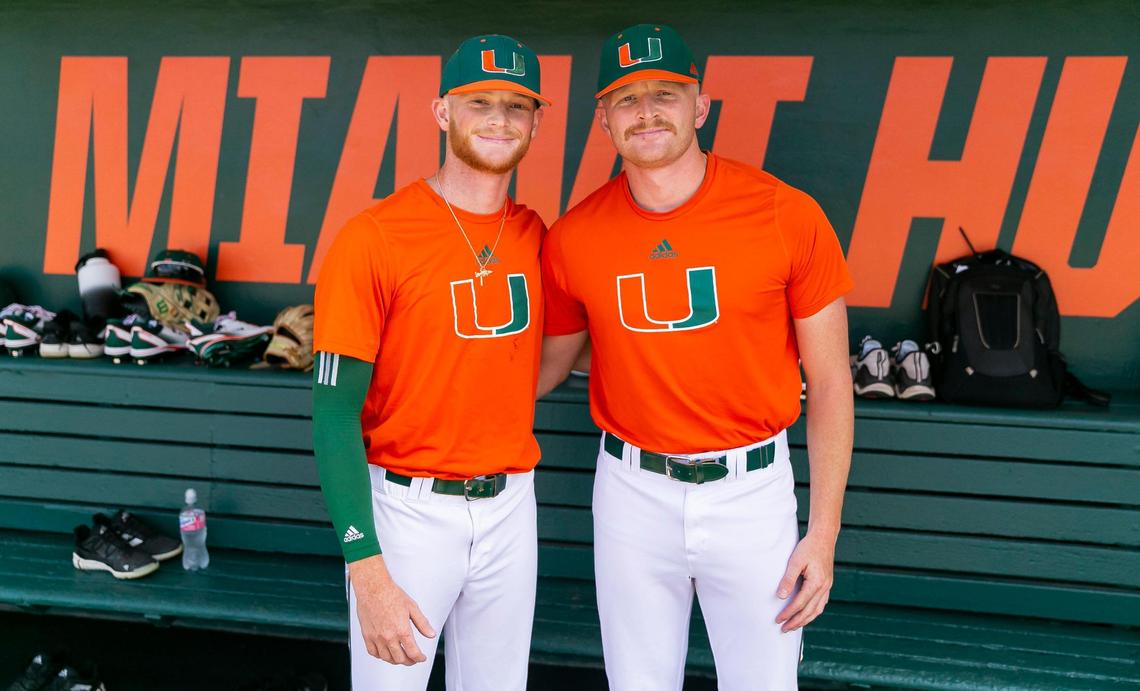 Miami Hurricanes pitchers Andrew Walters (21), right, and his brother, Brian Walters (10), are photographed during media day at Mark Light Field on Tuesday, Feb. 14, 2023, in Coral Gables, Fla.