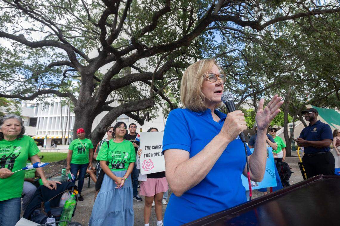 Miami-Dade County Commissioner Eileen Higgins, who represents District 5, speaks during a rally outside the Miami-Dade Government Center on June 16, 2025, in honor of International Domestic Workers’ Day. Organized by WeCount! and The Women’s Fund Miami-Dade, the event brought together domestic workers calling for fair wages, stronger protections, and greater respect.