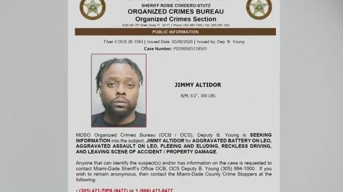 Jimmy Altidor reversed a car and almost struck two Miami-Dade Sheriff’s Office detectives in Miami on May 5, 2026, police say.