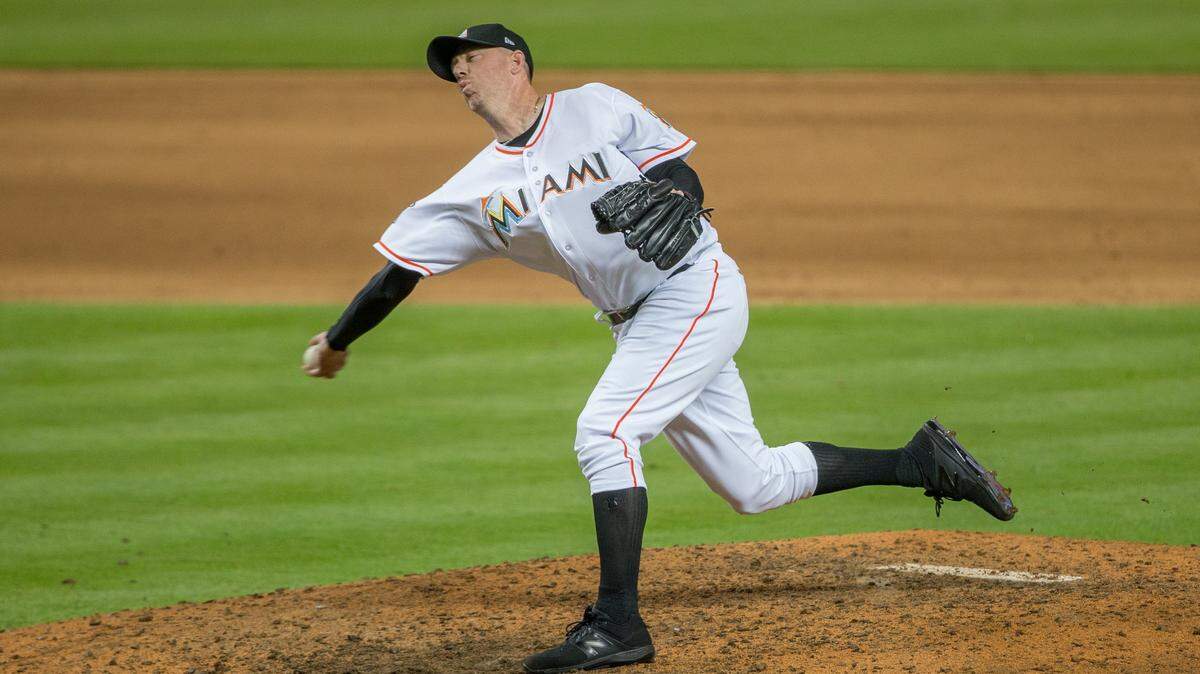 Miami Marlins relief pitcher Brad Ziegler #29 closes the game for the marlins against the Los Angeles Dodgers at Marlins Park in Miami on Tuesday, May 16, 2018. The Marlins won 4-2.
