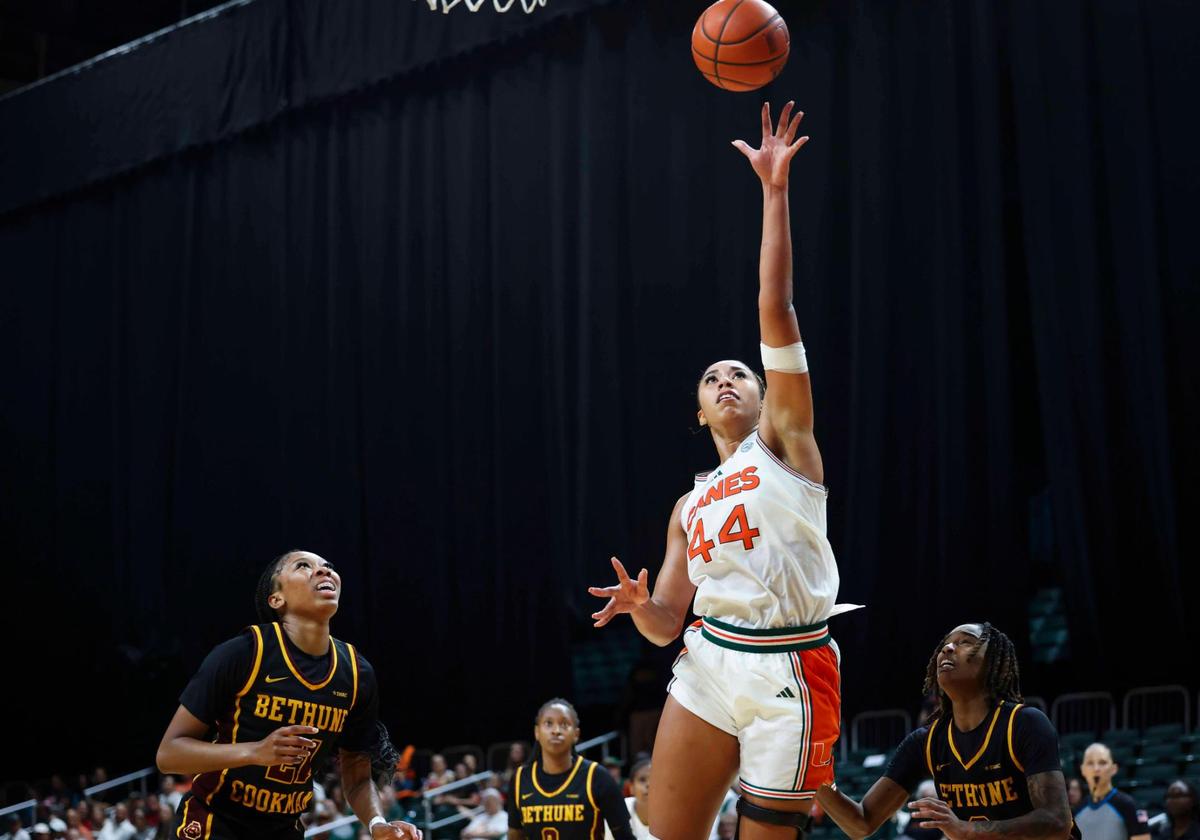Miami Hurricanes Cameron Williams(44) shoots a layup during the second quarter of a game on Sunday, Dec. 8, 2024, at Watsco Center in Coral Gables, Fla.