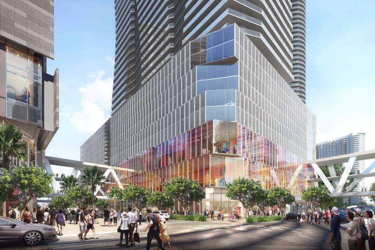 An architectural rendering shows a proposed new residential tower over a retail podium at Brickell City Centre that would be connected to the existing three-block complex by a skybridge.