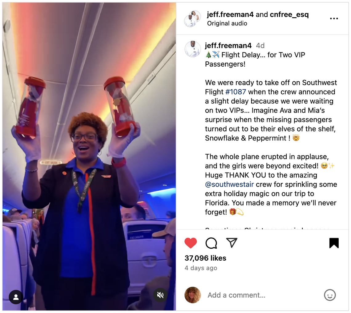 Flight attendant surprises Freeman’s kids on the plane.