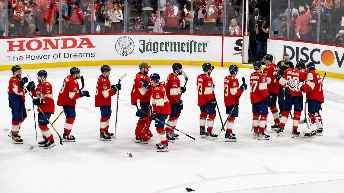 Florida Panthers goaltender Sergei Bobrovsky (72) celebrates with teammates after their 4-1 win over the Edmonton Oilers during Game 2 of the NHL Stanley Cup Final at the Amerant Bank Arena on Monday, June 10, 2024, in Sunrise, Fla.