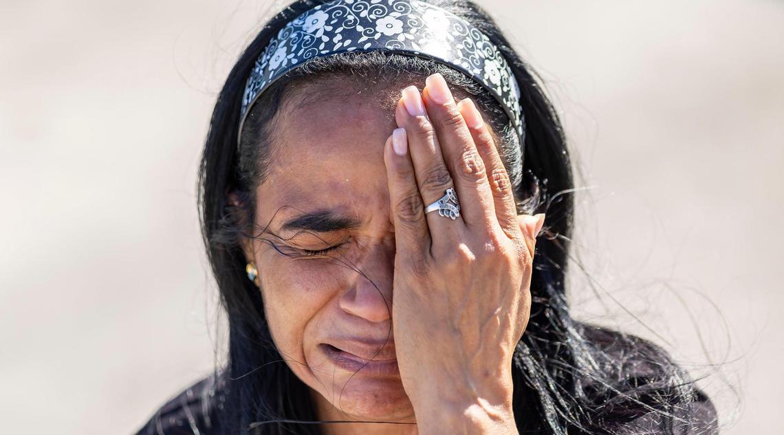 Marisol Sánchez, 55, cries in front of her former home at the Li’l Abner Mobile Home Park on Friday, March 7, 2025, in Sweetwater, Florida.