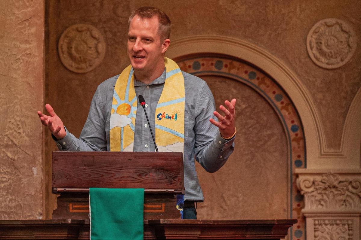 Reverend Aaron Lauer speaks during “An Interfaith Service of Remembrance, Hope, and Peace” on the 21st anniversary of 9/11 at Coral Gables Congregational United Church of Christ in Coral Gables, Fla. on Sept. 11, 2022.