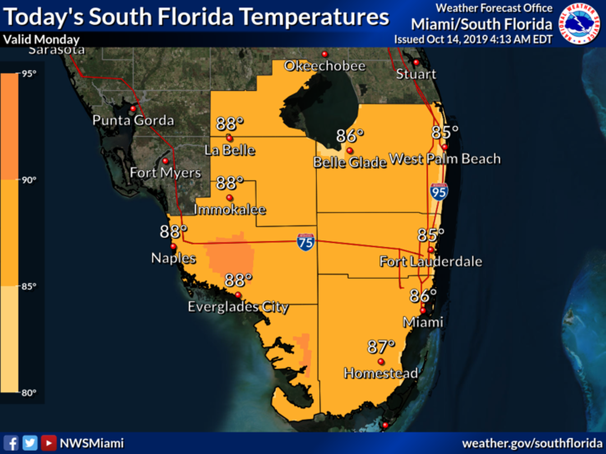 High temperatures are expected to be in the mid to upper 80s Monday, according to the National Weather Service in Miami.