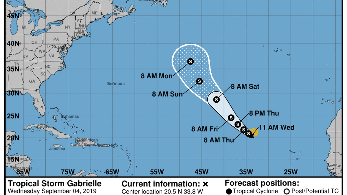 Tropical Storm Gabrielle’s five-day forecast track, according to the National Hurricane Center in Miami.