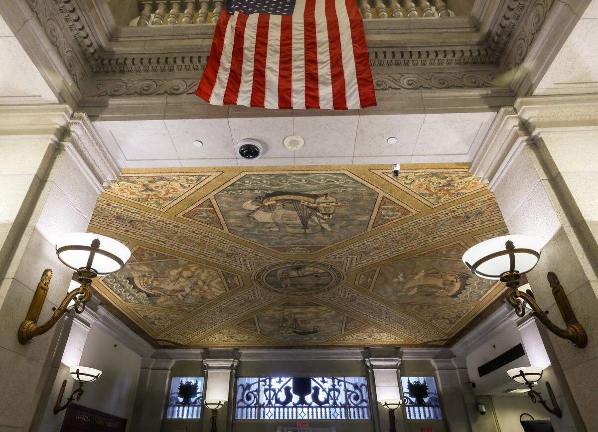One of the elaborate mosaics that adorn the lobby ceiling at the south entry, one of two that are historic elements of the old courthouse that has been restored in Miami, Florida, on Wednesday, January 14, 2026. The Dade County Courthouse is significant as an excellent example of Neo-Classical architecture. The detailing of the remaining historic interior spaces and features continue to reflect this distinctive style and contributes to a more complete understanding of the historic character of the Courthouse.