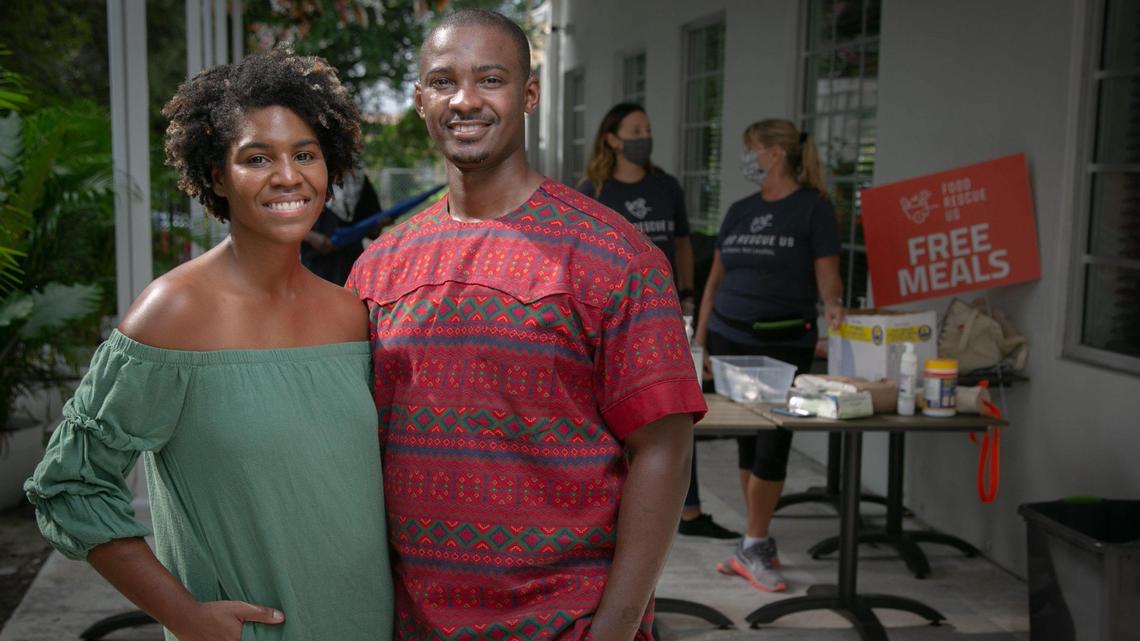 Miami Florida, November 11, 2020- Jamila Ross and Akino West co-own The Copper Door, a Bed and Breakfast in Overtown. They opened Rosie’s, a pop-up restaurant in an outside area adjacent to The Copper Door Bed and Breakfast to serve customers. They hope to make it permanent. On this day they were cooking and handing out free meals to neighborhood residents with the help of Food Rescue US, Miami.