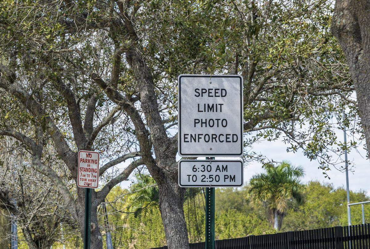 View of some school-zone speed limit signals that are part of the “School Zone Camera Safety Program” installed around the Palmetto Elementary, located at 12401 SW 74th Ave Pinecrest, on Wednesday, February 25, 2026.
