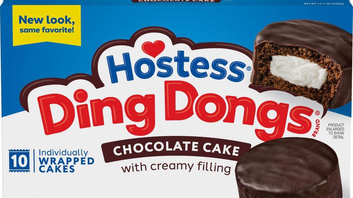 A package of Hostess Ding Dongs chocolate cakes with creamy fillings.
