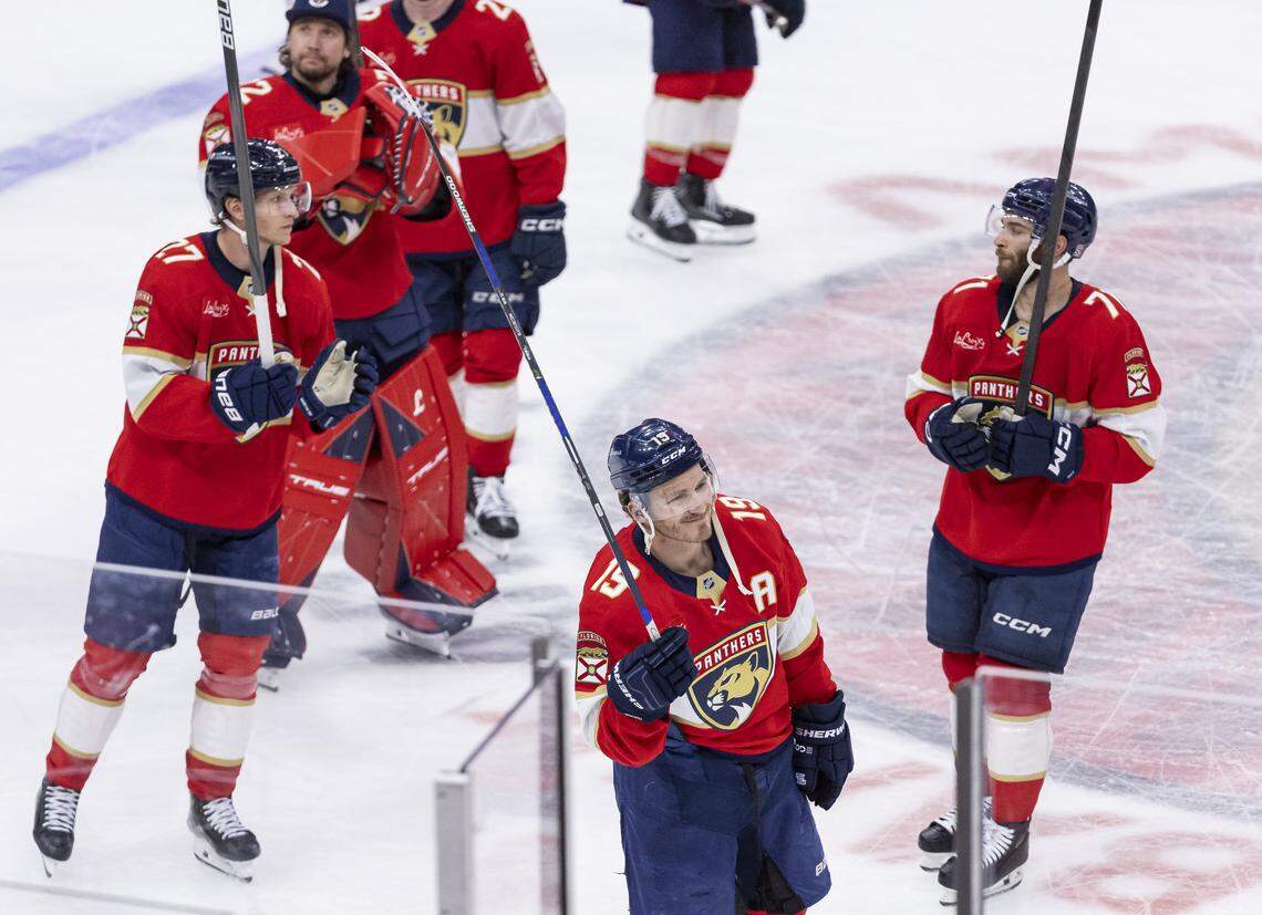 Florida Panthers left wing Matthew Tkachuk (19) reacts toward fans after defeating the Detroit Red Wings in their NHL game at the Amerant Bank Arena on Wednesday, April 15, 2026, in Sunrise, Fla.