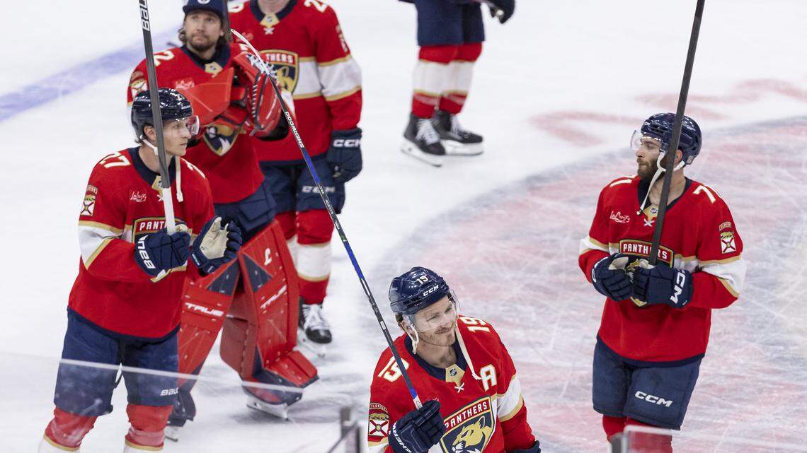 Florida Panthers left wing Matthew Tkachuk (19) reacts toward fans after defeating the Detroit Red Wings in their NHL game at the Amerant Bank Arena on Wednesday, April 15, 2026, in Sunrise, Fla.