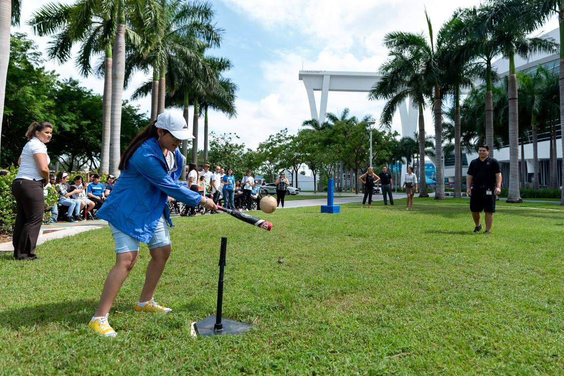 Katherine Sanchez, 16, plays beepball during her Miami Lighthouse for the Blind tour of Marlins Park on June 28.