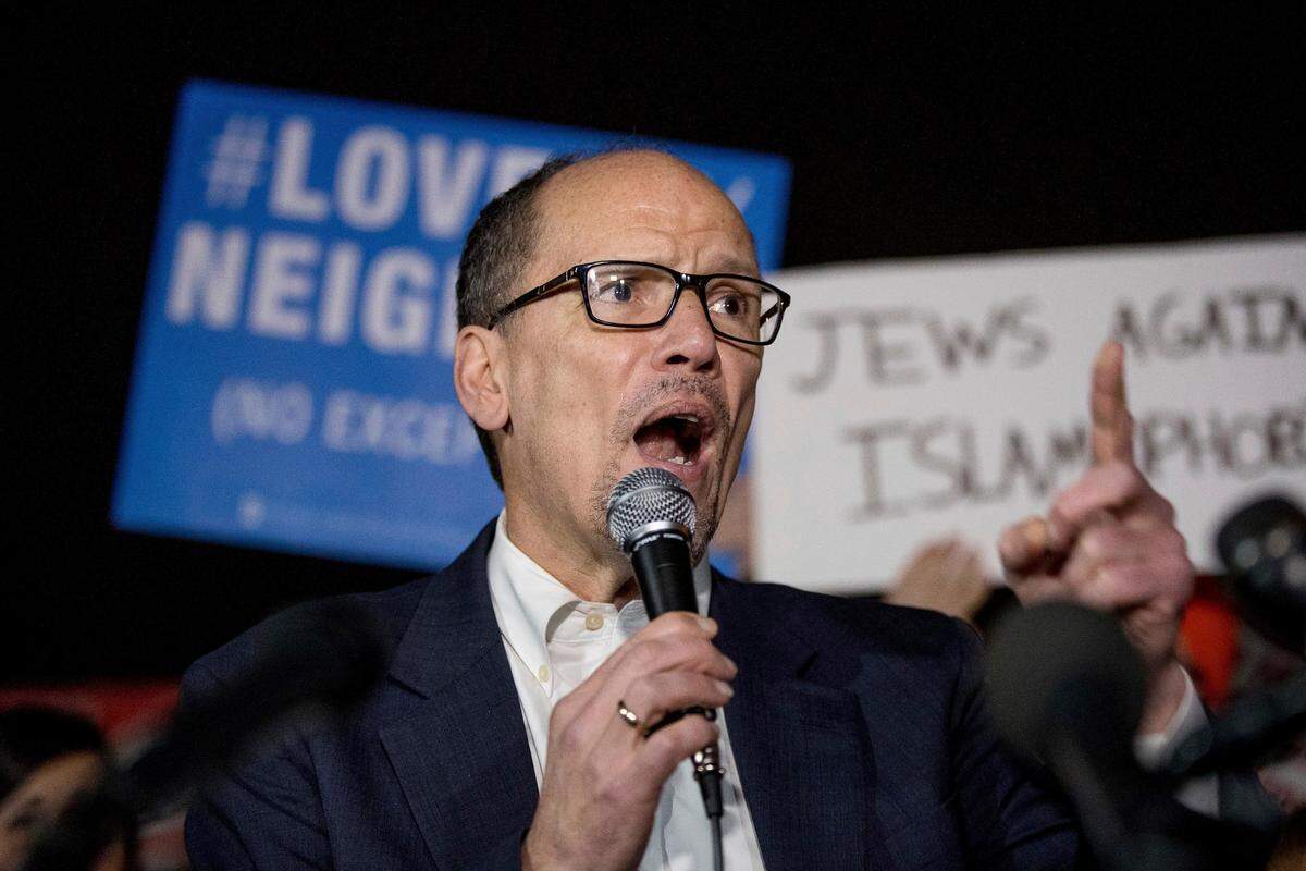 Democratic National Committee (DNC) Chairman Tom Perez, pictured here at a protest in Lafayette Square outside the White House on March 6, 2017, is visiting Miami-Dade this week to evaluate the county’s bid to host the party’s 2020 convention.