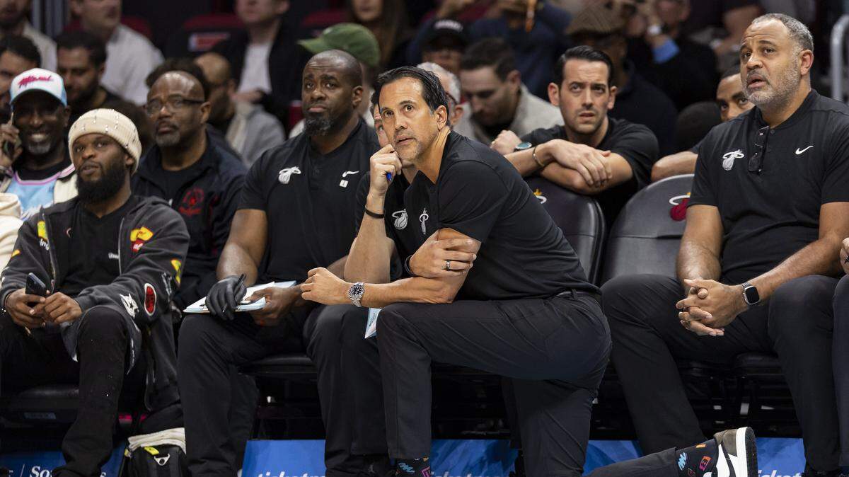 Miami Heat head coach Erik Spoelstra watches his team play against the Boston Celtics in the first half of their NBA game at Kaseya Center on Thursday in Miami.