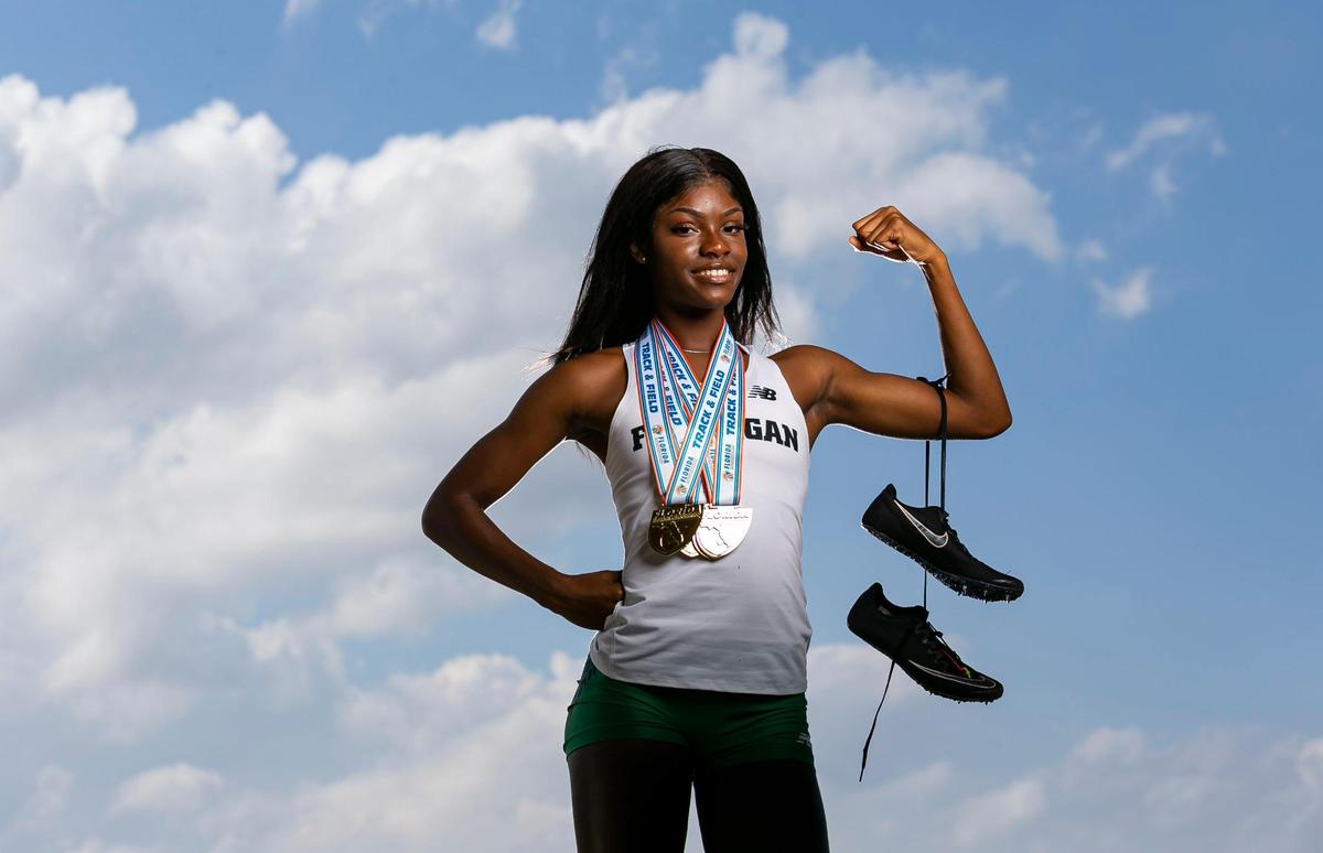 Broward Track and Field Athlete of the Year Jassani Carter, from Flanagan High School, is photographed at Brian Piccolo Park in Cooper City, Florida on Tuesday, May 17, 2022.