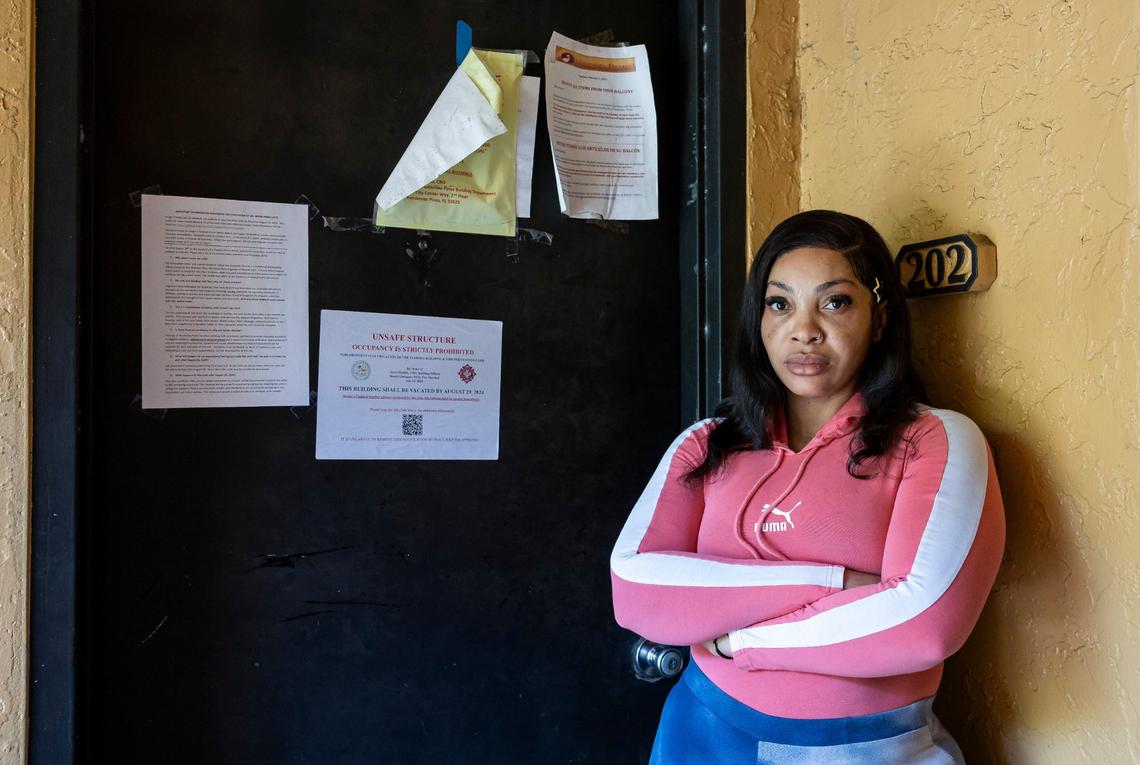 Mariah Joseph is photographed outside her home in Heron Pond Condominiums, which she will have to vacate at the end of the month, on Wednesday, Aug. 7, 2024, in Pembroke Pines, Florida. City officials have alerted residents that they must vacate their homes by Aug. 29 after engineers deemed all 304 units spread across 19 buildings in the community unsafe for occupancy.