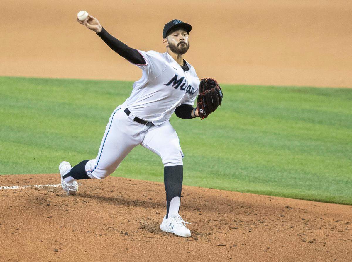 Pablo Lpez (49) pitches during Miami Marlins simulated practice game at Marlins Park on Thursday, July 16, 2020.