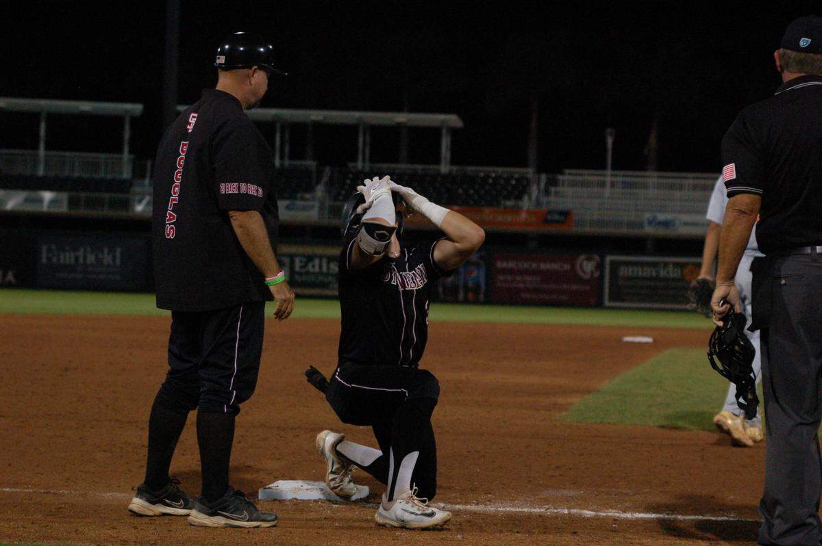 Stoneman Douglas’ Devin Fitz Gerald reacts after his triple in the fifth inning against Port Orange Spruce Creek on Tuesday night in the Class 7A state semifinals at Hammond Stadium in Fort Myers, Fla.