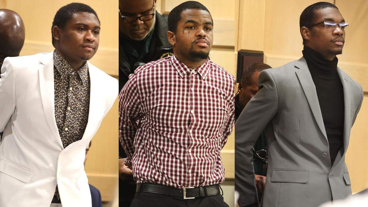 From left, Trayvon Newsome, Dedrick Williams and Michael Boatwright were found guilty of first-degree murder in the death of emerging rapper XXXTentacion, at the Broward County Courthouse in Fort Lauderdale on Monday, March 20, 2023.