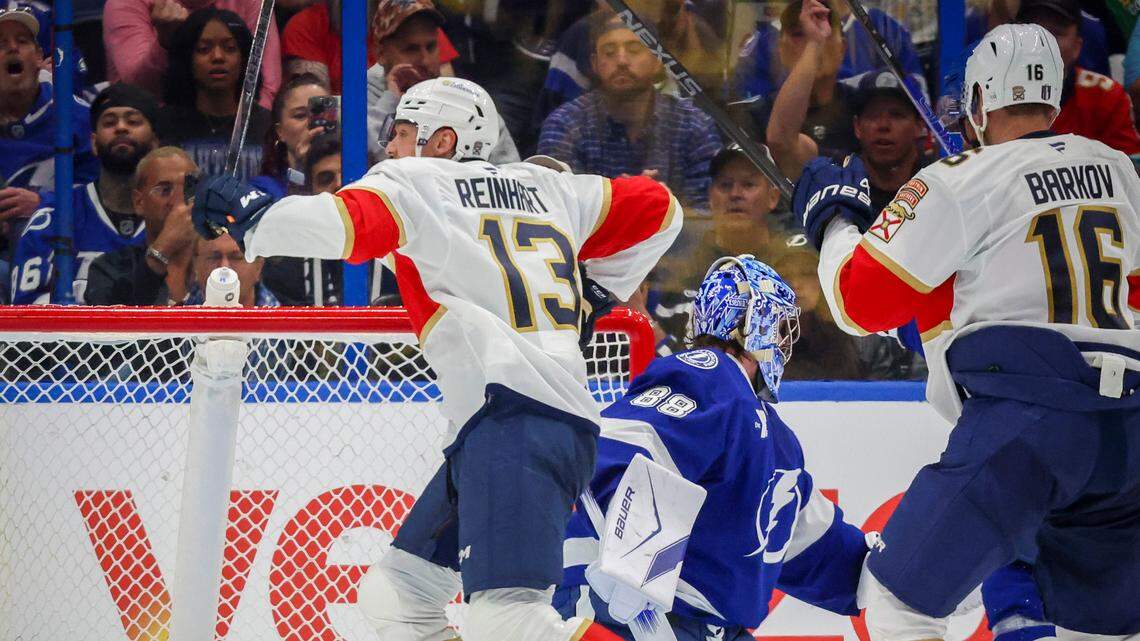 Florida Panthers center Sam Reinhart (13) celebrates his first period goal as Tampa Bay Lightning goaltender Andrei Vasilevskiy (88) looks back at the puck in the net in Game 1 in the first round of the Stanley Cup Playoffs Tuesday, April 22, 2025 in Tampa.