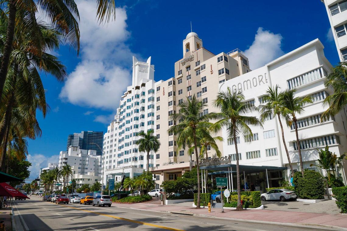 Owners of the Delano and National hotels, center and left, have objected to plans by the owners of the adjacent Sagamore and Ritz-Carlton hotels to build a 15-story luxury condo tower addition along the historic 1940s skyline on Collins Avenue.