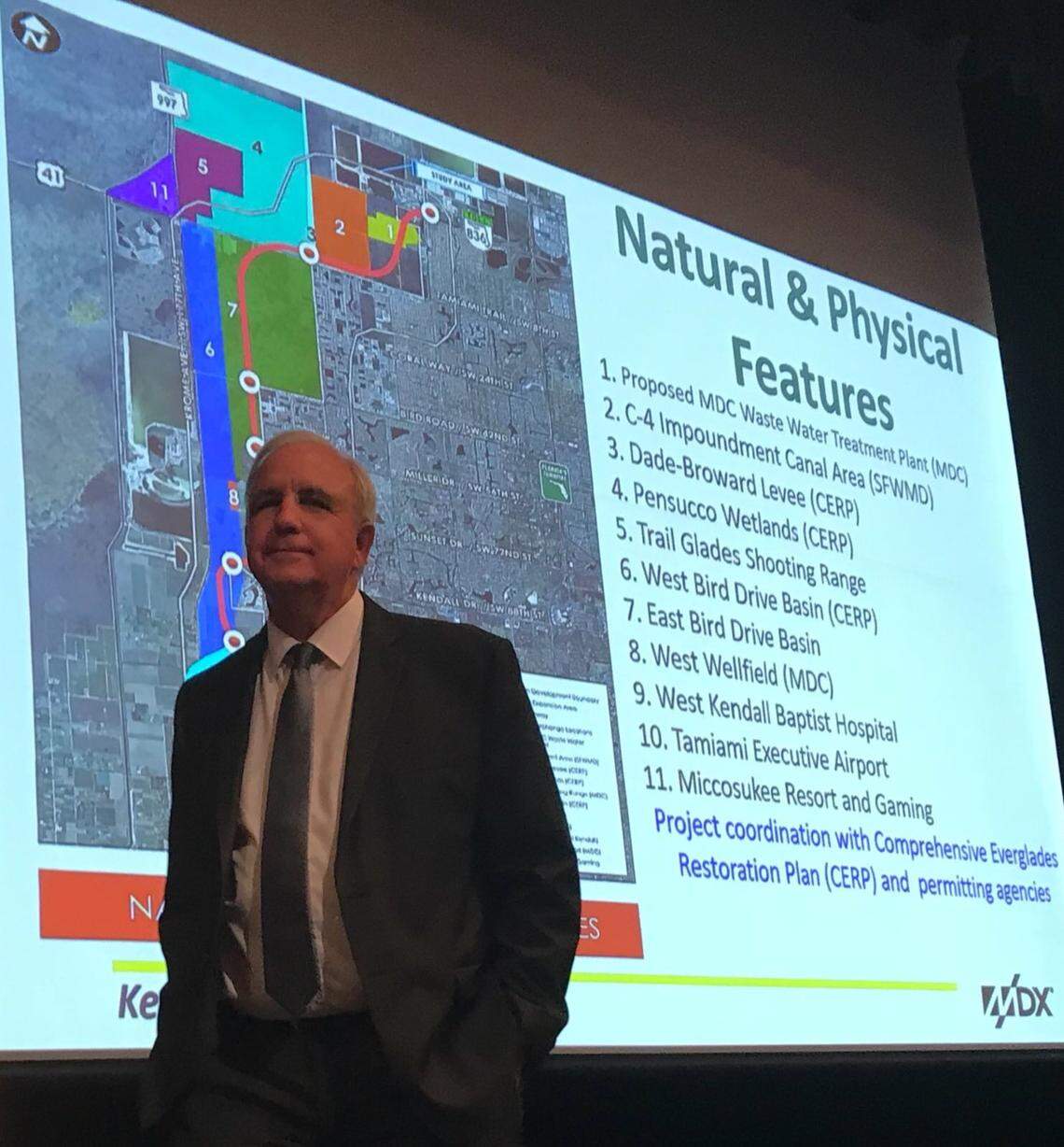 Miami-Dade Mayor Carlos Gimenez while presiding over a town hall in West Kendall about a transportation plan he endorses: extending the Dolphin Expressway southwest into West Kendall.