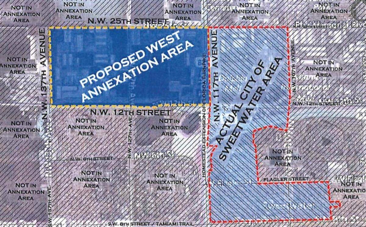 The proposed annexation of a commercial area west of the Dolphin Mall by Sweetwater.The expansion requires a vote by the Miami-Dade County Commission in the future, but the board on July 20, 2021, advanced Sweetwater’s cause by changing county rules that would bar Doral from annexing the area. That city connects just above the the northern spot where Sweetwater meets the proposed annexation area, an intersection at Northwest 25th Street and Northwest 117th Avenue.