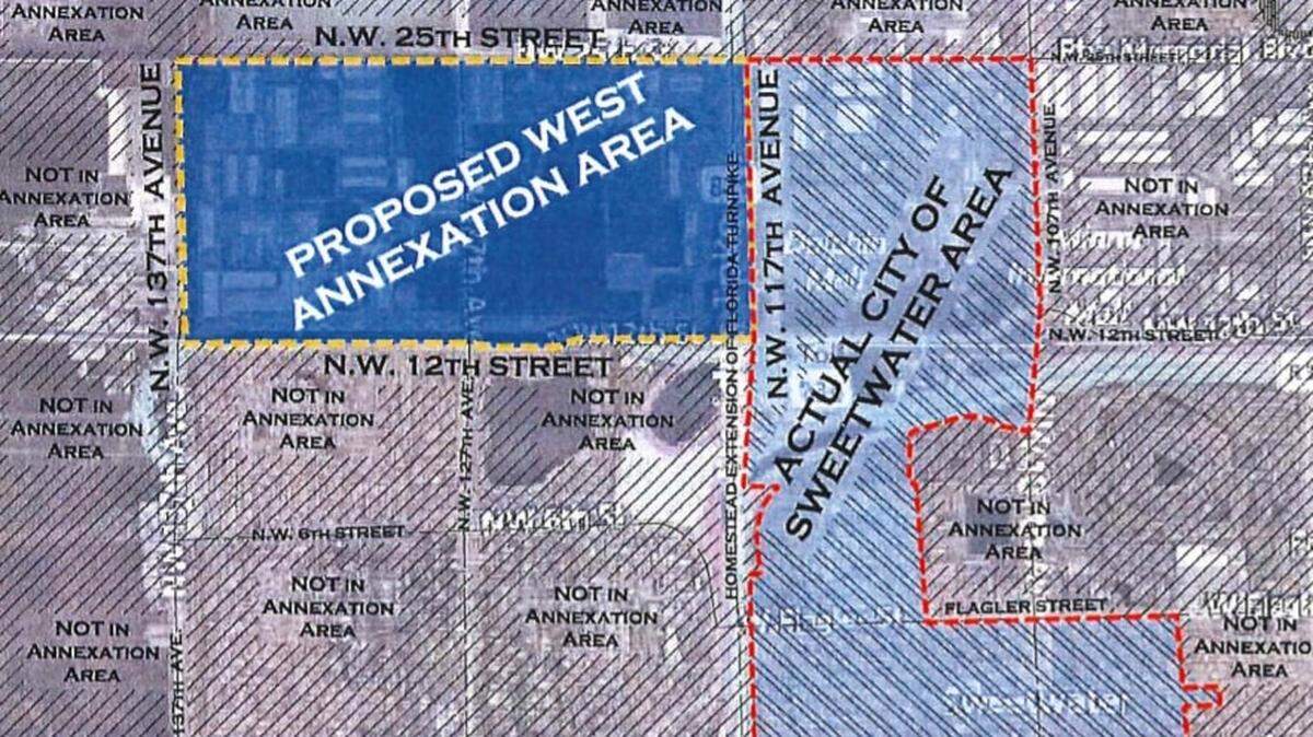 The proposed annexation of a commercial area west of the Dolphin Mall by Sweetwater. Miami-Dade County commissioners approved the annexation on Wed., Dec. 1, 2021, clearing the way for a larger city if the decision survives a looming court challenge by Doral.