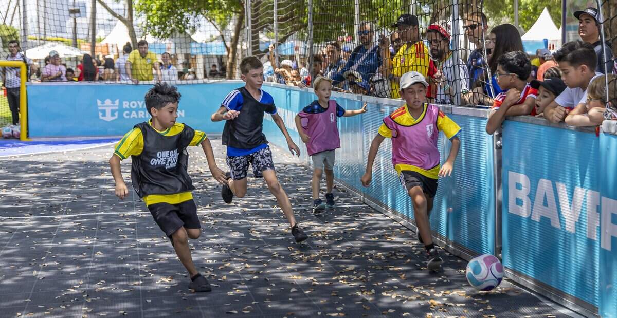 Children play soccer as they visit the FIFA Fan Festival Miami at Bayfront Park on Saturday, June 13, 2026, in downtown Miami, Fla.