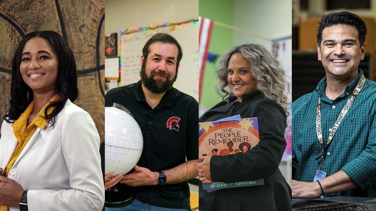 The four finalists for the 2023 Francisco R. Walker Teacher of the Year for Miami-Dade Public Schools. Clockwise from top left, Unethia Fox, Andres Cerrato, Renee O’Connor and Derek Bostick.
