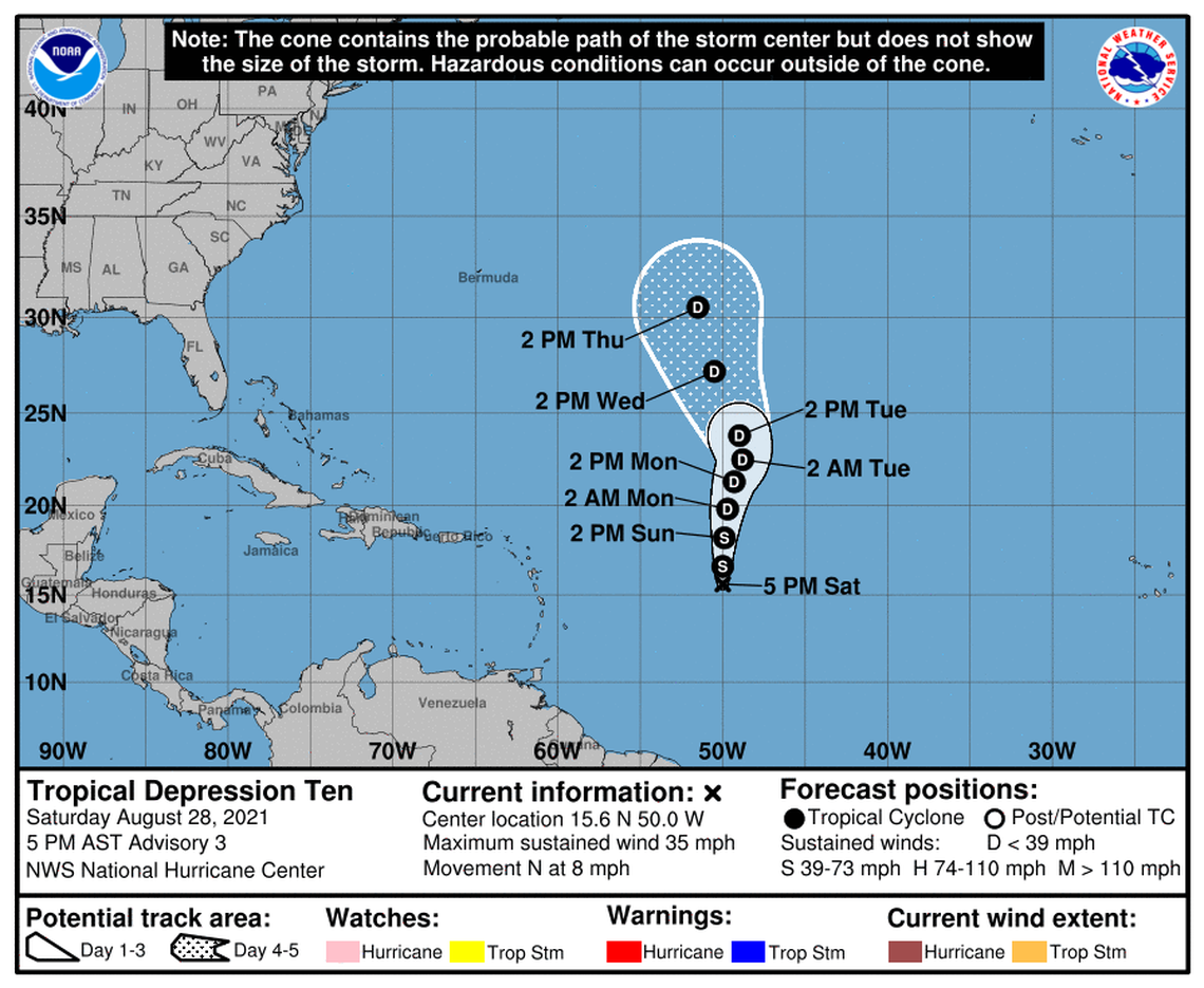 Tropical Depression 10 at 5 a.m. Saturday, Aug. 28, 2021.