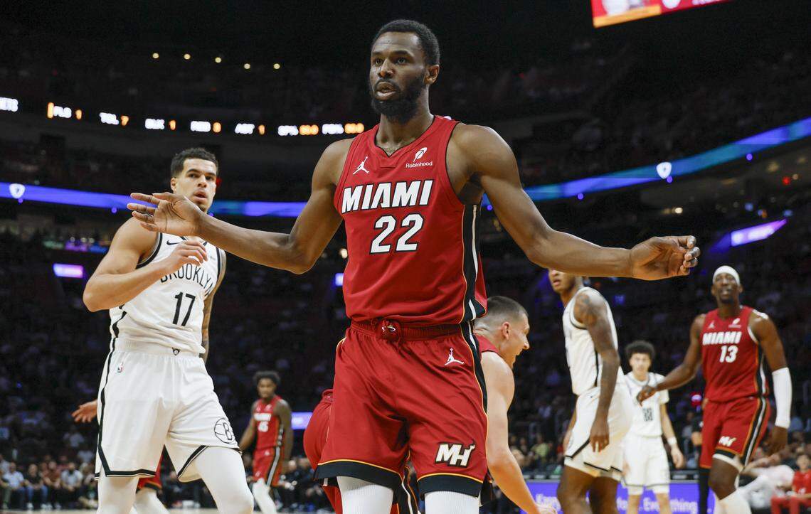 Miami Heat forward Andrew Wiggins (22) defends against the Brooklyn Nets in the first half of their NBA basketball game at Kaseya Center in Miami on March 5, 2026.