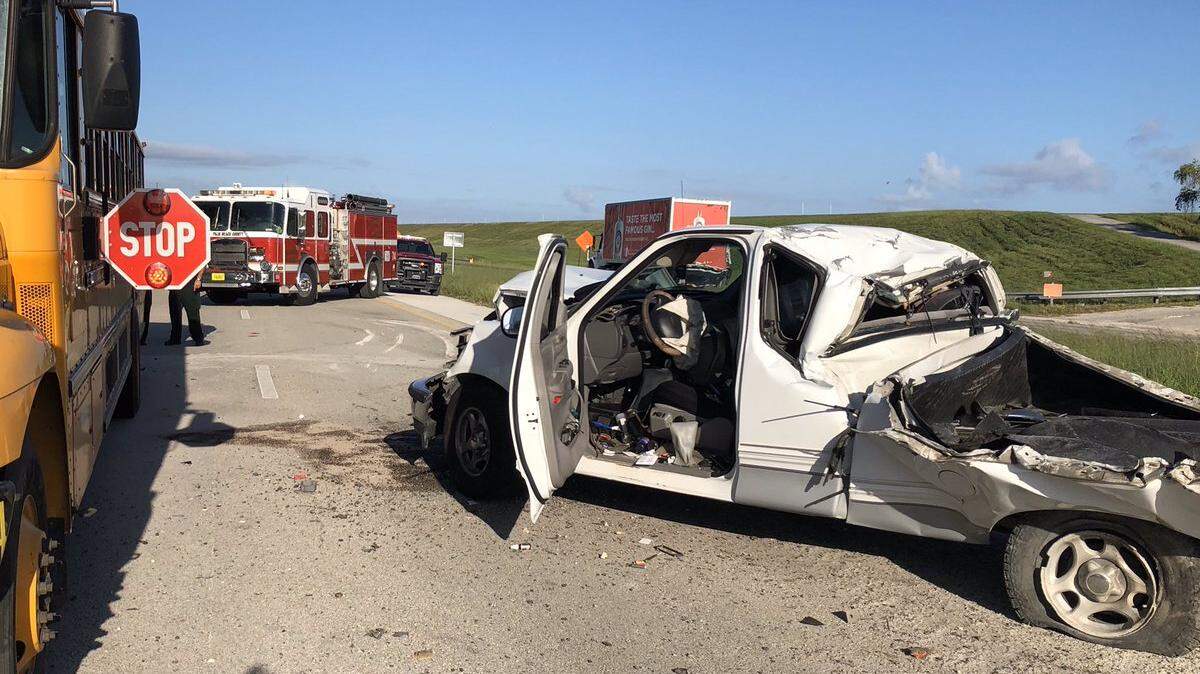Three-vehicle crash in Palm Beach County involved a school bus with five children aboard. All the children were sent to a local area hospital and a man was airlifted to a trauma hospital.