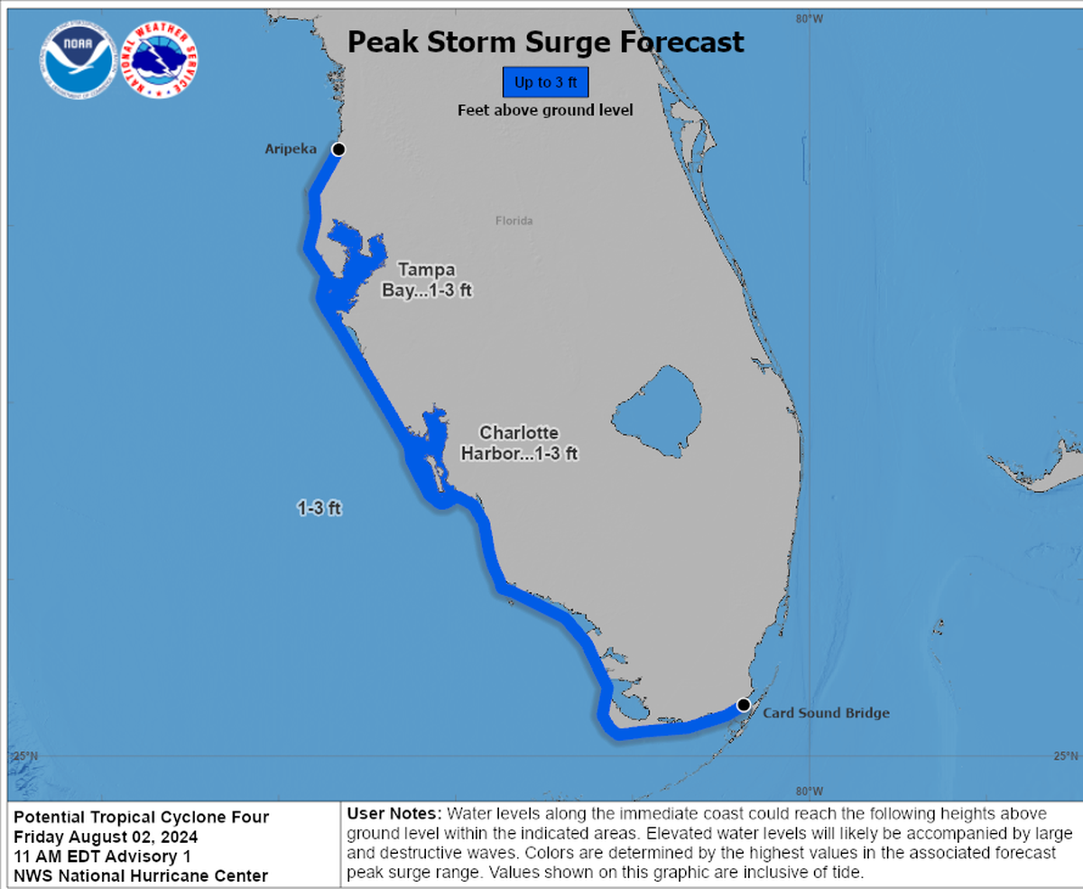 The National Hurricane Center on Friday said it expects Florida’s west coast could see up to 3 feet of storm surge.