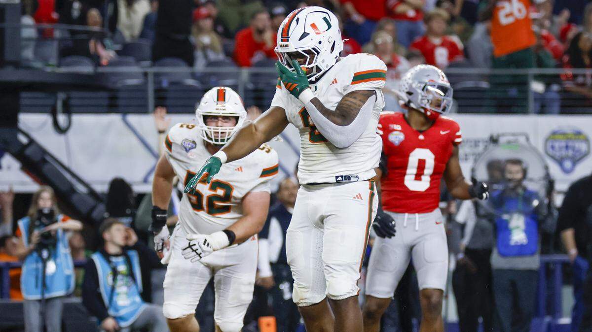 Miami Hurricanes running back Charmar Brown (6) reacts after scoring late in the second half of the College Football Playoff quarterfinal game against the Ohio State Buckeyes in the Cotton Bowl at AT&T Stadium in Arlington, Texas on Wednesday, December 31, 2025.
