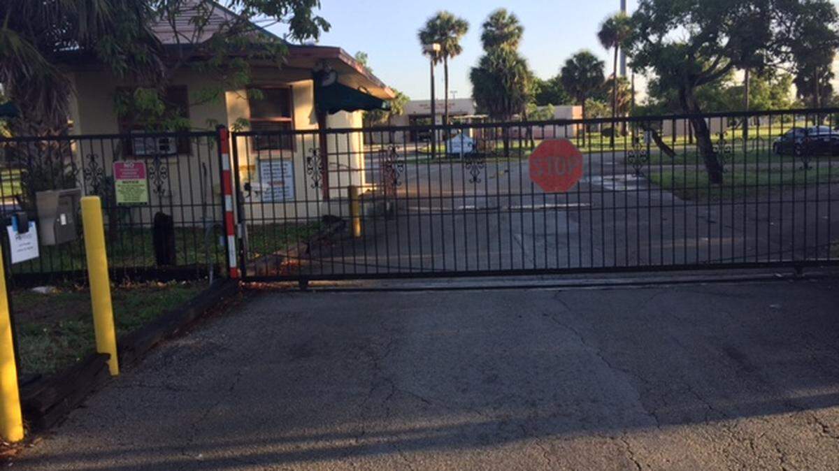The gated entry to the institutional campus that includes His House, a home for foster children.