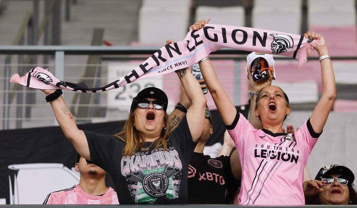 Inter Miami CF fans watch the team practice from the stands at Nu Stadium at Miami Freedom Park on Thursday, April 2, 2026, in Miami.
