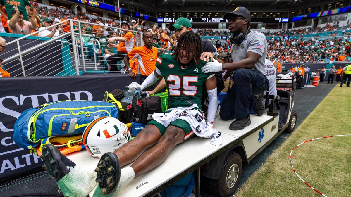 Miami Hurricanes defensive back Jadais Richard (25) reacts to being carted off the field during the second half of an ACC football game against the Duke Blue Devils at Hard Rock Stadium on Saturday, Nov. 2, 2024, in Miami Gardens, Fla.