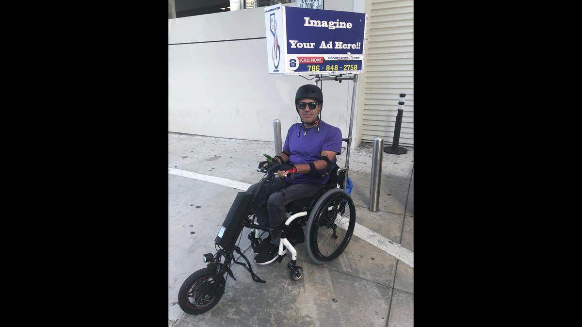 Venezuelan Pedro Gonzalez, who is paralyzed, founded Handinator, a marketing business using his wheelchair as an advertising platform. He services downtown, Midtown and Brickell.