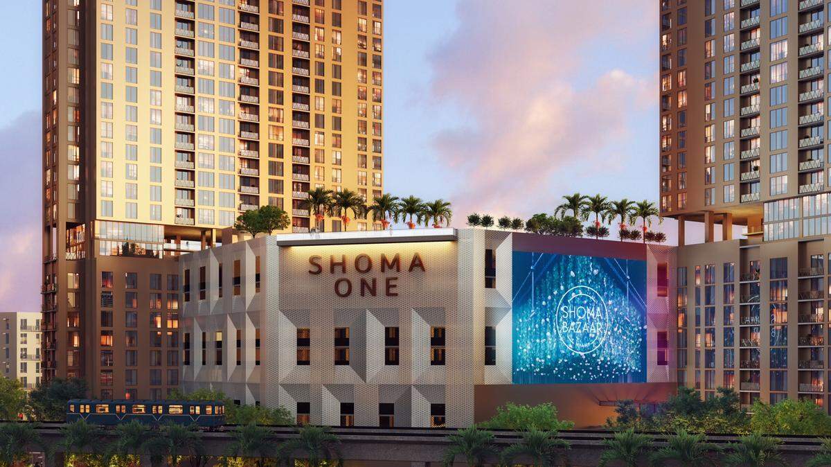 An architectural rendering shows the planned Shoma One commercial and residential project near the intersection of U.S. 1 and Bird Road and the Douglas Road Metrorail Station. The project includes two 40-story apartment towers and a food hall, at center.