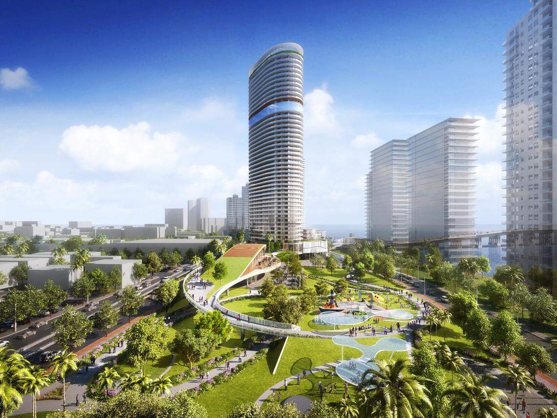 A rendering of the park and residential tower planned for the site of the South Shore Hospital, which will be demolished April 16.