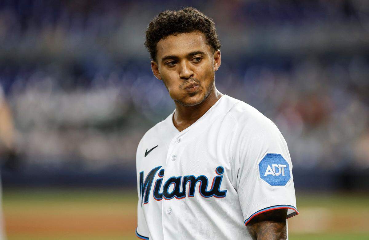 Miami Marlins right fielder Dane Myers (54) reacts after striking out in the second inning against the St. Louis Cardinals at loanDepot park in Miami on Wednesday, July 5, 2023.
