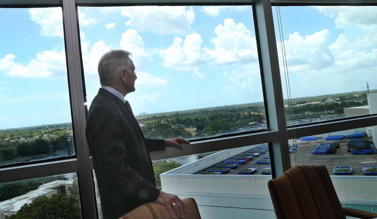 Dr. Robert Sackstein looks through the window at his office. He is the new dean of the FIU College of Medicine. He came from Cuba when he was four years old, grew up a couple of miles south of campus and graduated from Southwest High School. He is the first Cuban-American dean of a U.S. medical school. He is the son of Rosalina Sackstein a beloved UM music professor, who passed away a few years ago. Sackstein became interested in medicine after his cousin lost an eye to a congenital disease. A Silver Knight honorable mention in the science category, after high school Sackstein went off to Harvard, where he earned multiple degrees, including his M.D. and Ph.D. Sackstein is an expert in bone marrow transplantation, and an international authority in glycoscience, a field which concerns the role of sugars in biological systems., on Thursday, August 08, 2019.